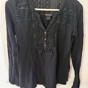 Lucky Brand Black Long-Sleeve Crochet Henley Top